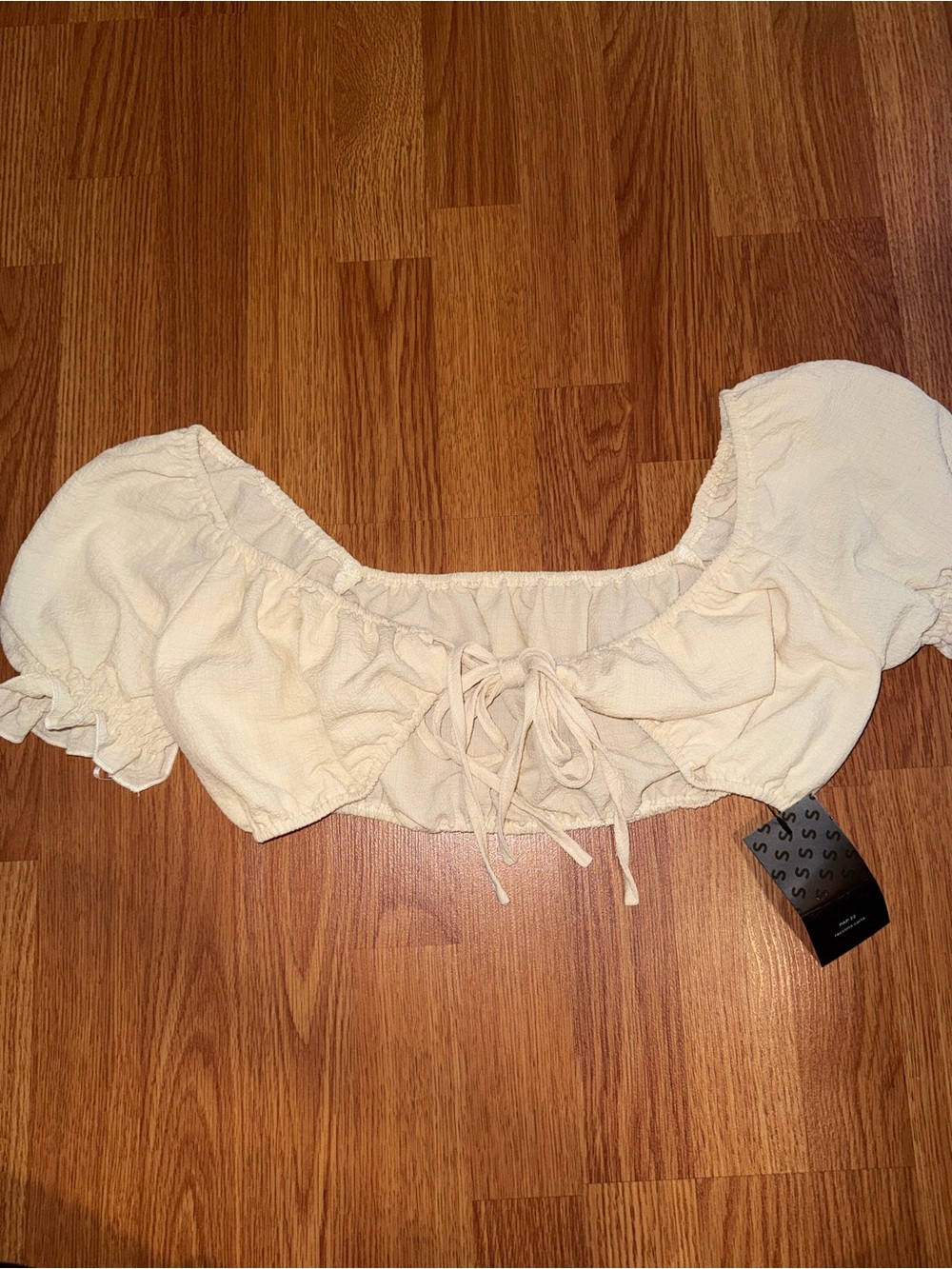 Cream Off-Shoulder Tie-Front Crop Top